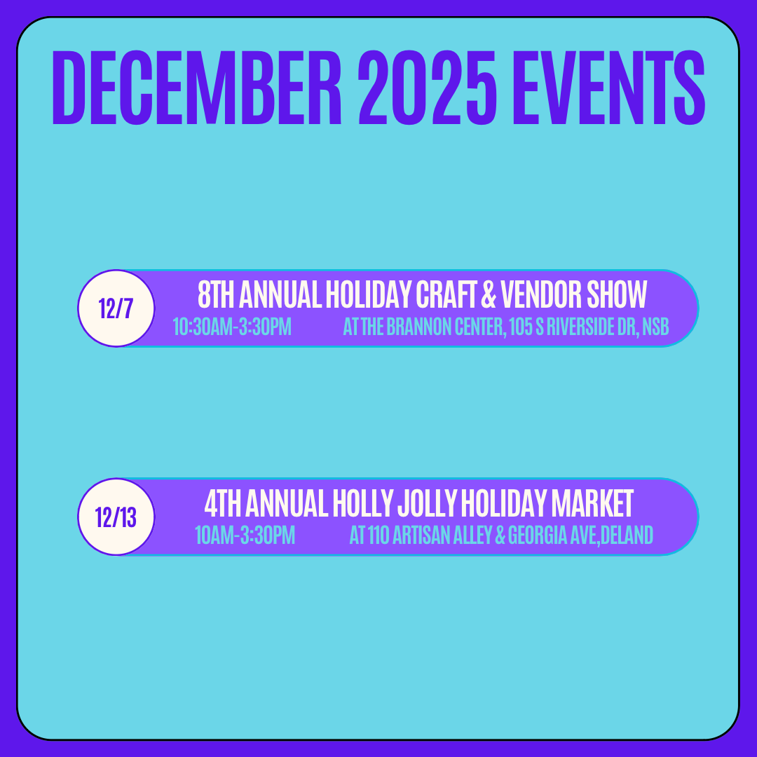 Promotional graphic for December 2025 events with dates and locations on a blue background.
