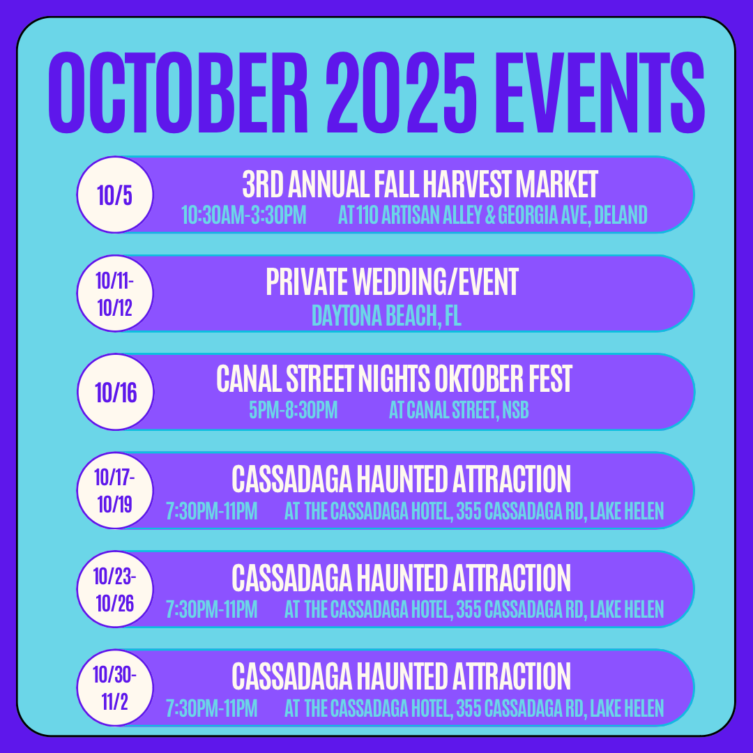 List of October 2025 events with dates and locations on a blue and purple background