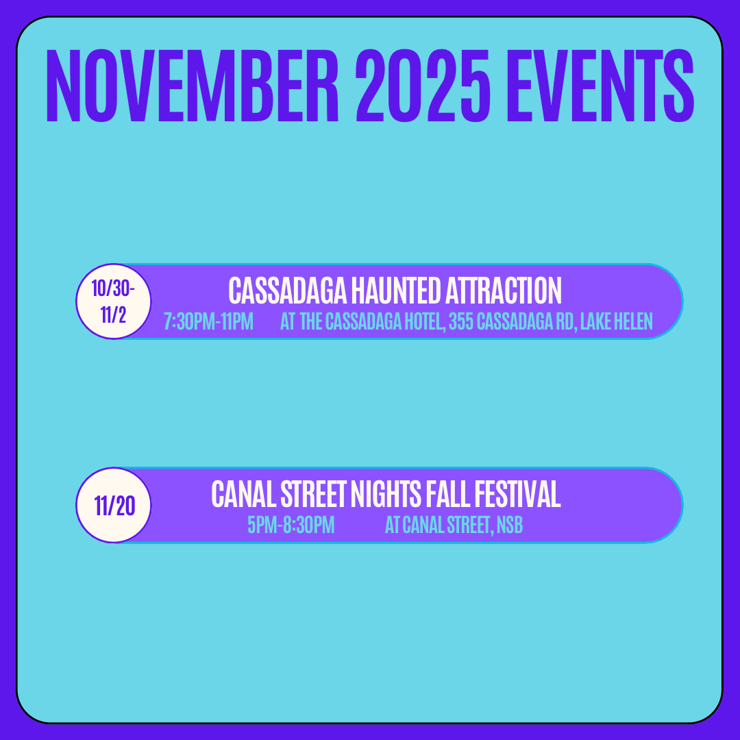 Promotional graphic for November 2025 events with dates and locations on a blue background.