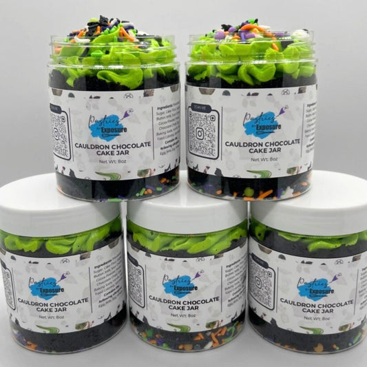 Six jars of Cauldron Chocolate Cake Jar with colorful contents on a white background