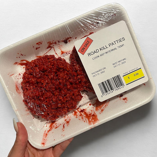 Packaged road kill patties with a label on a white background